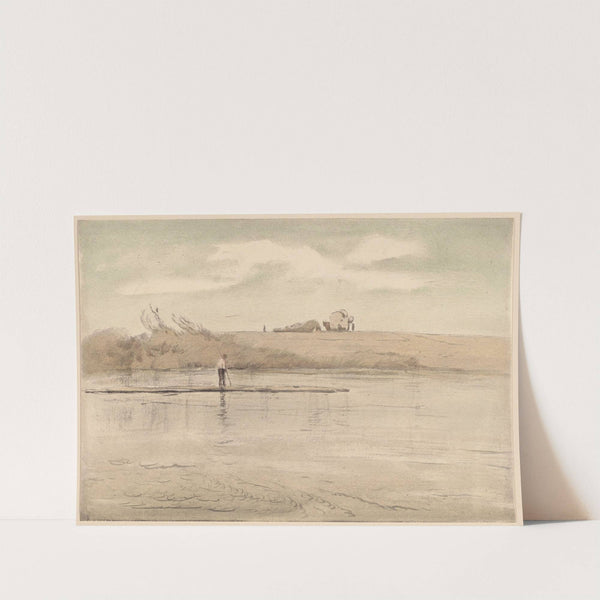 Fisherman on a Raft, Cart of Hay Visible in the Distance on the Shore of the Lake (1860 - 1870) by Hans Thoma