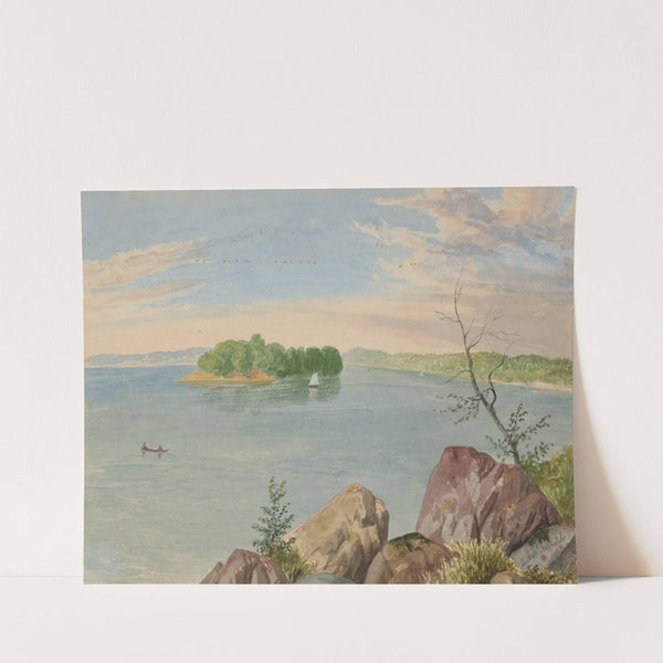 Fishermen on lake with sailboat by Edwin Whitefield