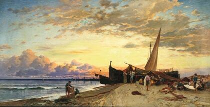 Fishermen on the lagoon at dusk