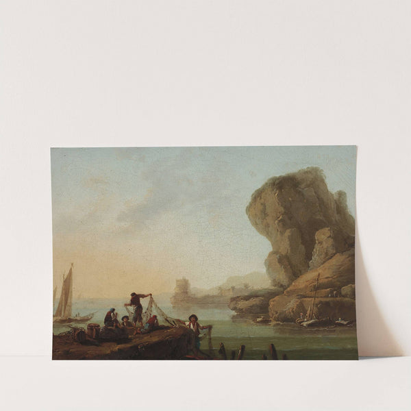 Fishermen pulling nets at the seaside by Jean-Baptiste Pillement