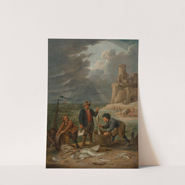Fishermen returning to shore with their catch, in the background other fisherman beneath a lighthouse on a cliff by David Teniers The Younger