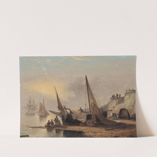 Fishermen Sitting By Their Boat, Low-Tide, Devon by Thomas Luny