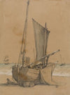 Fishing Boat on the Beach with a Brig at Sea