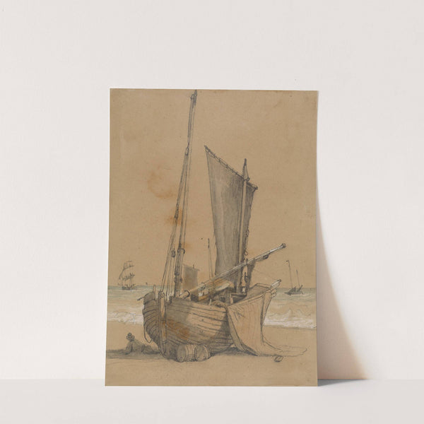 Fishing Boat on the Beach with a Brig at Sea by Samuel Prout