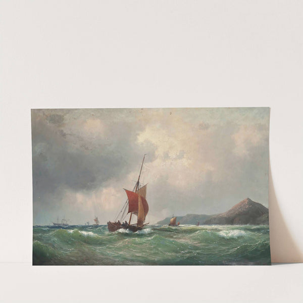 Fishing Boats Off A Rocky Coastline, A Paddle Steamer Beyond by Vilhelm Melbye