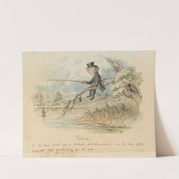 Fishing is the best sport for a retired schoolmaster – as he can still exhibit his partiality for the rod. (1850) by John Leech