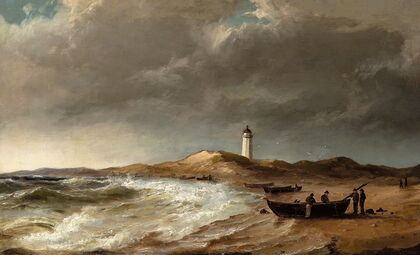 Fiskere ved deres både på stranden, nær Skagen fyr