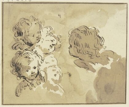Five angel heads in clouds