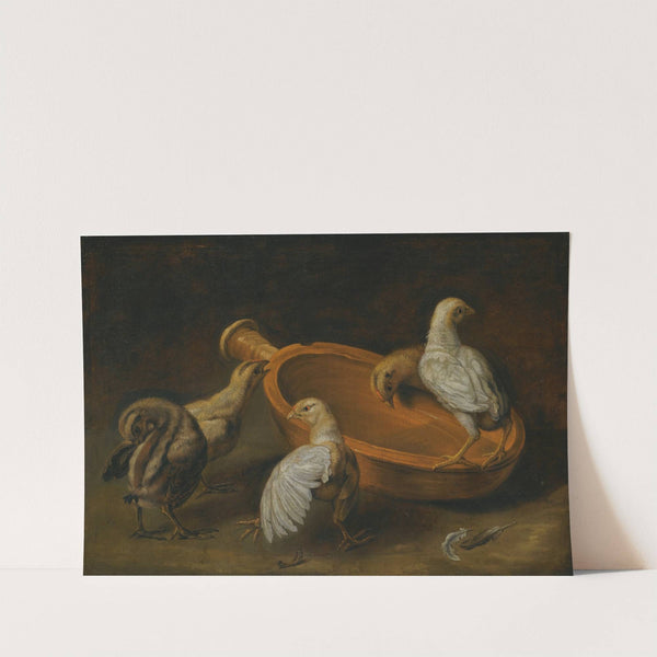 Five Chicks Assembled Around A Bowl Of Water by Jacobus Victors