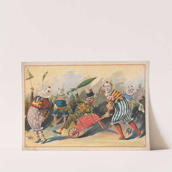 Five clowns with one in wheelbarrow (1890) by Calvert Litho. Co