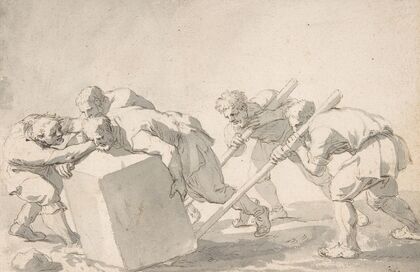 Five Men Pushing a Block of Stone