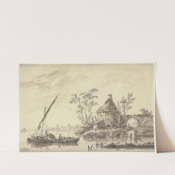 Flache Küstenlandschaft mit einem alten Turm und Windmühle by Jean-Baptiste Pillement