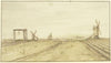 Flache Landschaft mit Windmühlen und Galgen