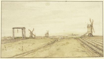 Flache Landschaft mit Windmühlen und Galgen