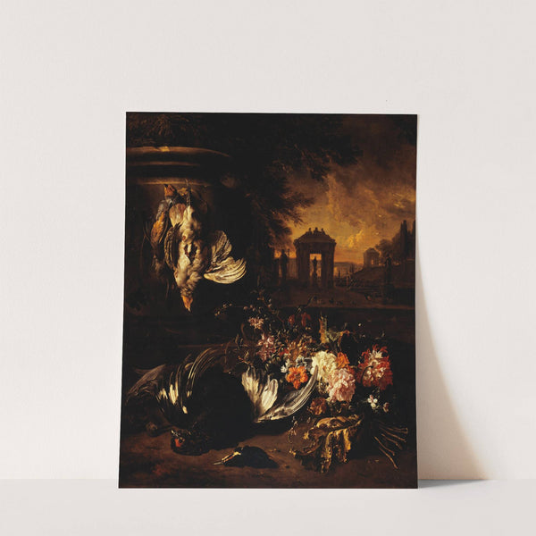 Fleurs et gibier mort devant un paysage by Jan Weenix
