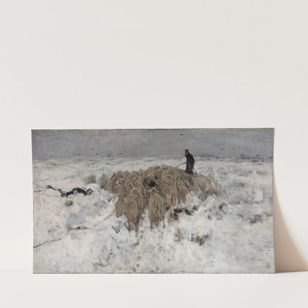 Flock of sheep with shepherd in the snow by Anton Mauve