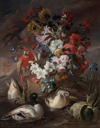Floral Still Life With A Parrot And Ducks