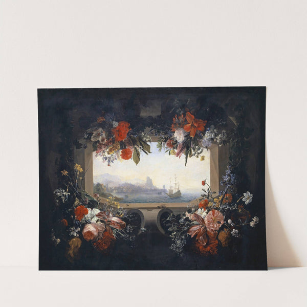 Flower Still Life; Cartouche With Garland, Inside A View Of A Seaport by Johann Rudolf Bys