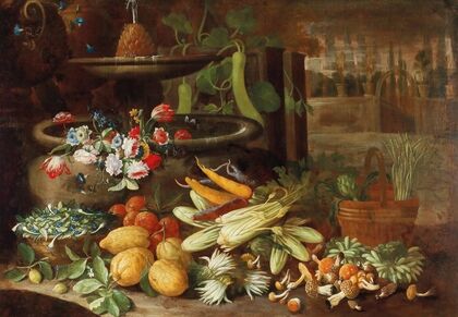 Flowers, fruit, and vegetables, with mushrooms beside a fountain in a villa garden