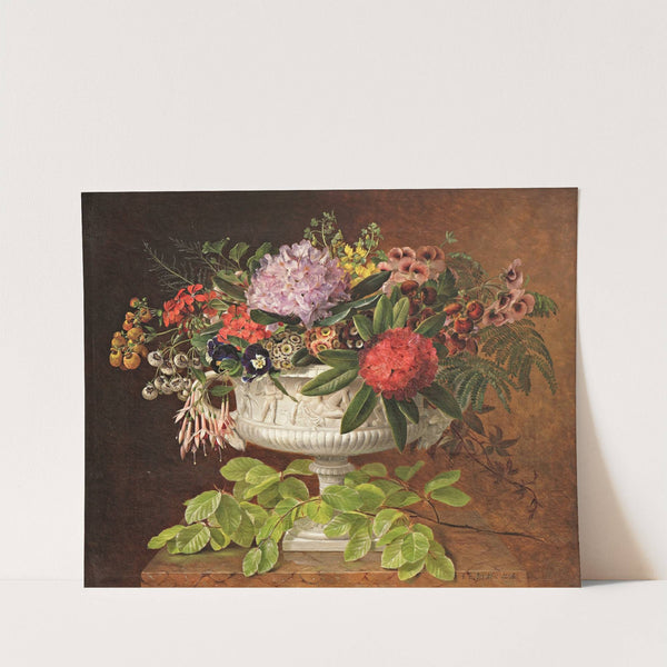 Flowers in a centrepiece on a marble windowsill with a beech branch by Johan Laurentz Jensen