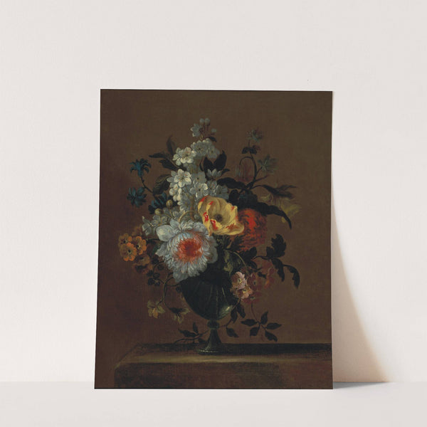 Flowers in a glass vase on a pedestal by Charles Gilles Dutillieu