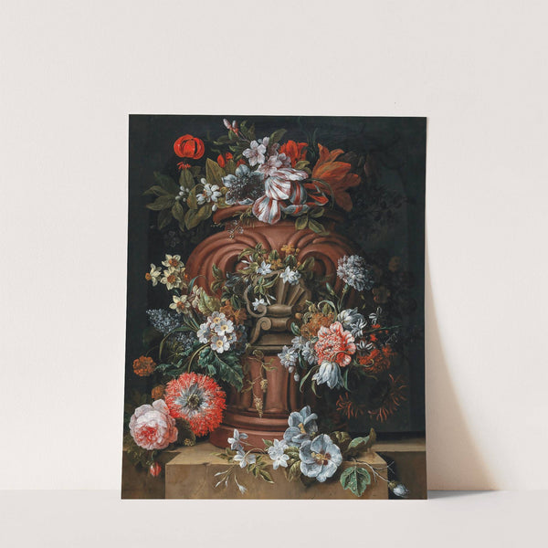 Flowers in a sculpted urn on a stone ledge by Gaspar Peeter Verbruggen the Younger