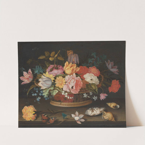 Flowers in a wicker basket on a table (1625) by Balthasar van der Ast