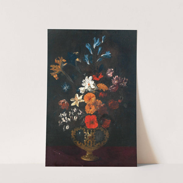 Flowers in an ornamental vase on a table by Giacomo Recco