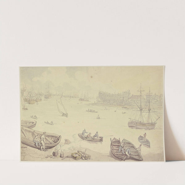 Fluß mit vielen Schiffen und einer Werft by Thomas Rowlandson