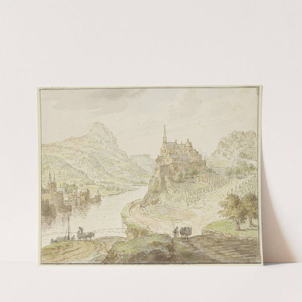 Fluß zwischen Bergen, rechts auf einem Felsen ein Kloster by Cornelis Verdonck