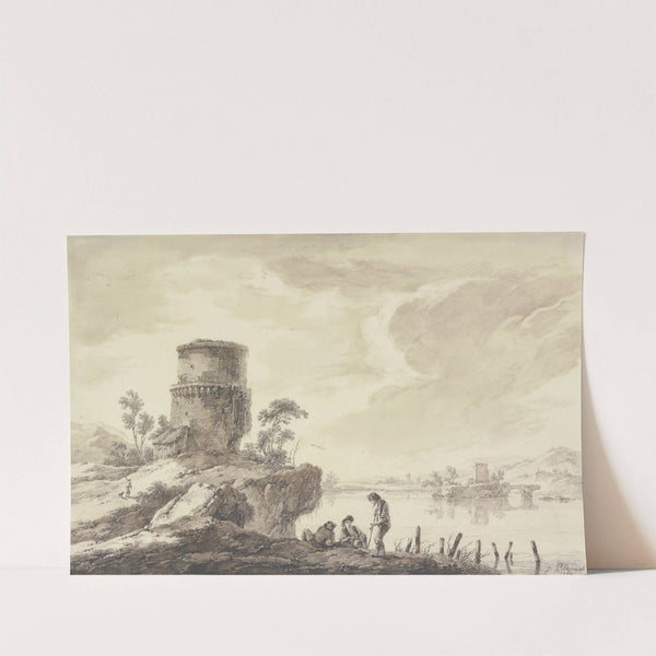 Flußgegend, im Vordergrund ein runder, im Mittelgrund auf einer Insel ein viereckiger Turm, mit Ruinen einer Brücke by Jean-Baptiste Pillement