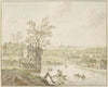 Flußgegend, in der Ferne das Meer mit einer Stadt