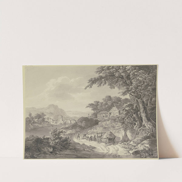 Flußlandschaft mit einer alten Brücke mit Turm, rechts ein Wirtshaus unter Bäumen an einem Hohlweg, auf dem ein Bauer mit seinem Planwagen fährt by Adrian Zingg