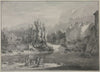 Flußlandschaft mit hohen Bergen, im Vordergrund zwei Maler mit Zuschauern
