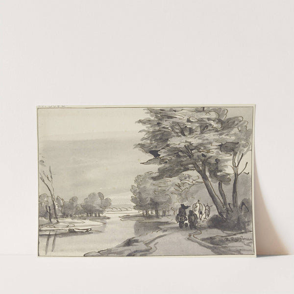 Fluss mit waldigem Ufer, rechts ein Wagen und Reiter by Roelant Roghman