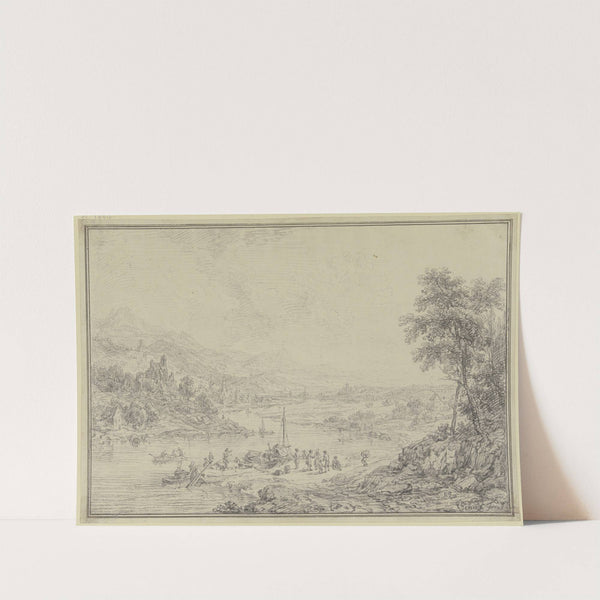 Flussgegend mit einem Städtchen im Tal, Burgen und Schlössern auf den Bergen, vorne am Ufer Schiffe und figürliche Staffage by Christian Georg Schütz the elder