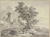 Flusslandschaft, links ein Bauernhaus an dem Turm einer Stadtmauer, in der Bildmitte rasten vier Personen an einem Baum