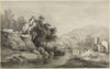 Flusslandschaft mit Doppelbogenbrücke und Kreuz