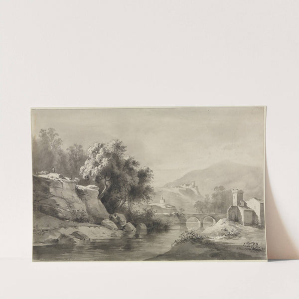 Flusslandschaft mit Doppelbogenbrücke und Kreuz by Jean-Jacques de Boissieu