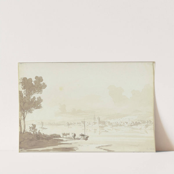 Flusslandschaft, vorne eine Herde, im Hintergrund eine Stadt by Carl Kuntz