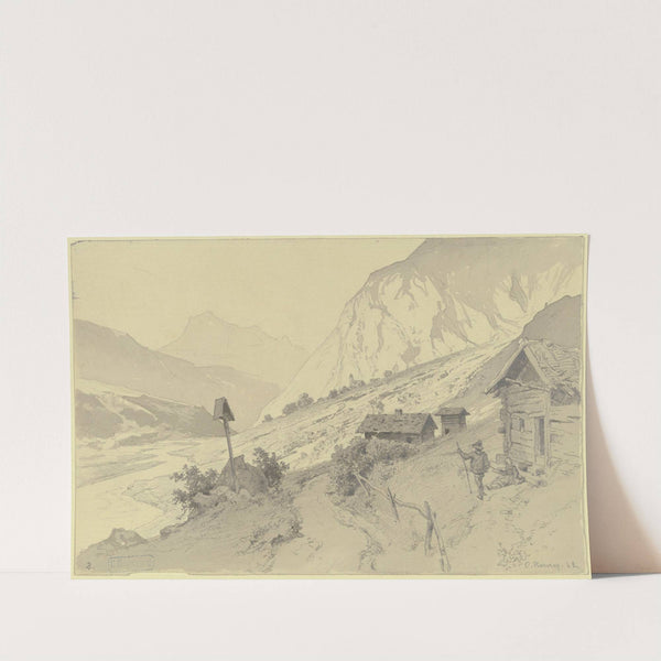 Flusstal im Gebirge, rechts Hütten, davor Mann und Frau by Karl Friedrich Harveng