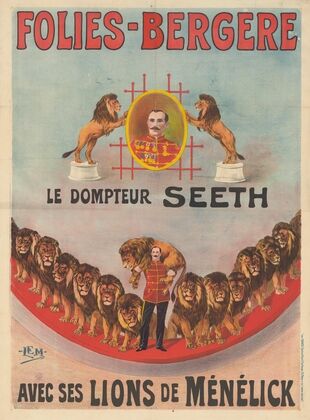 Folies-Bergère. Le dompteur Seeth avec ses lions de Ménélick (1900)