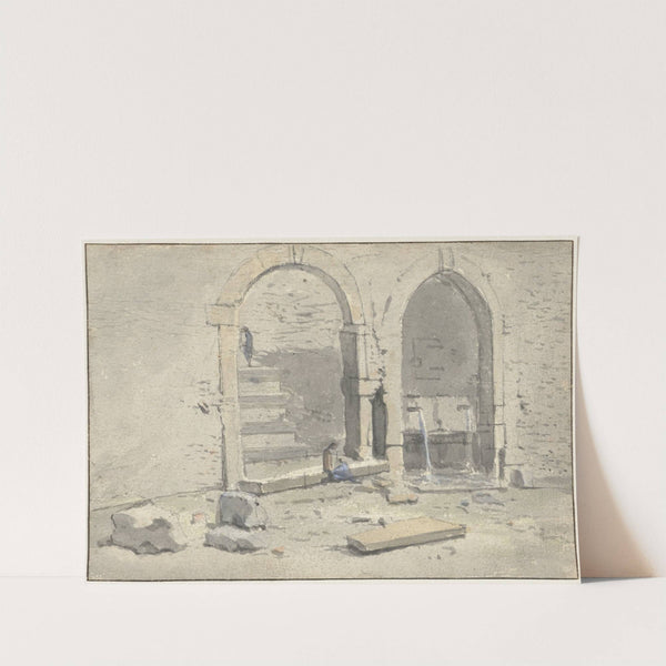 Fontein tegen een stadsmuur, waarin een trap is gebouwd by Theodoor Wilkens