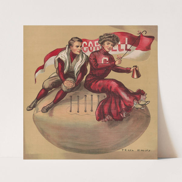 Football player and cheerleader sitting on giant football with Cornell flag (1907) by F. Earl Christy