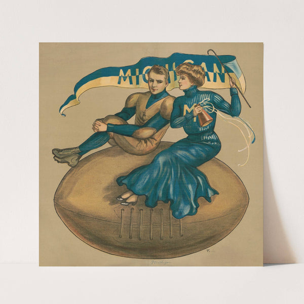 Football player and cheerleader sitting on giant football with University of Michigan flag (1907) by F. Earl Christy