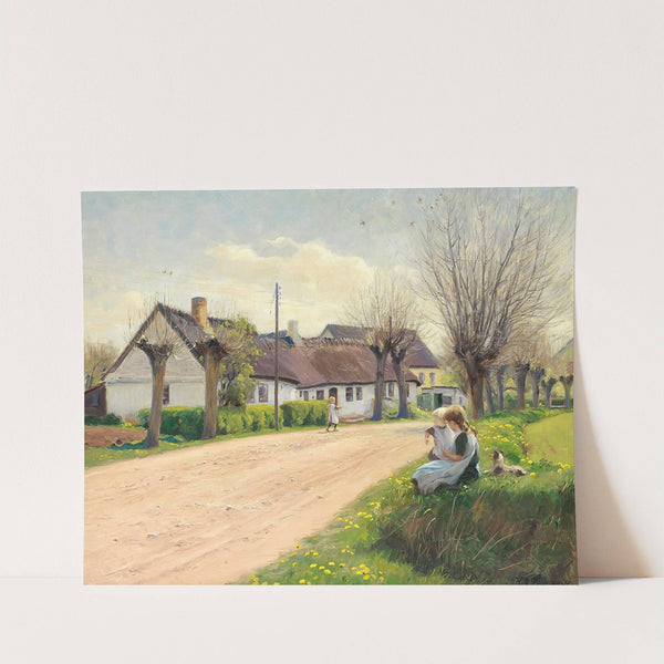 Forår i landsbyen med piger i vejkanten by Hans Andersen Brendekilde