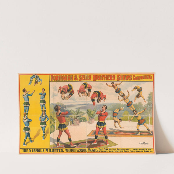 Forepaugh and Sells Brothers shows consolidated. The 5 famous Millettes. Pre-eminent acrobatic marvels… (1899) by Strobridge & Co. Lith.
