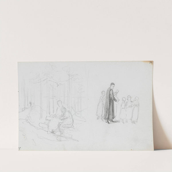 Forest interior with figures; children listening to the preacher by Hans Gude