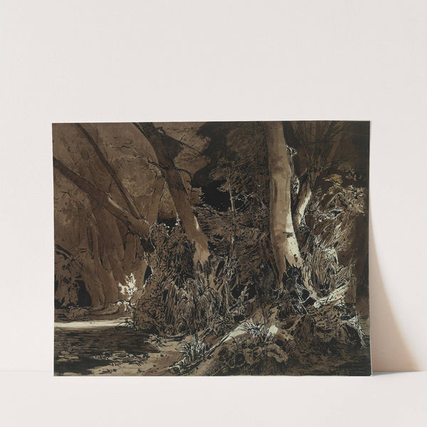 Forest landscape with flowing water and two hunters by Carl Blechen