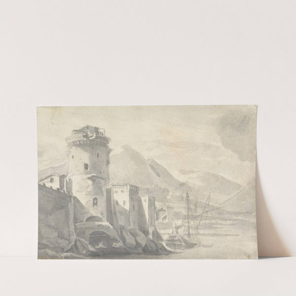 Fortified Buildings rising Steeply from a River Bank with Boat centre and distant Mountains by Thomas Wijck